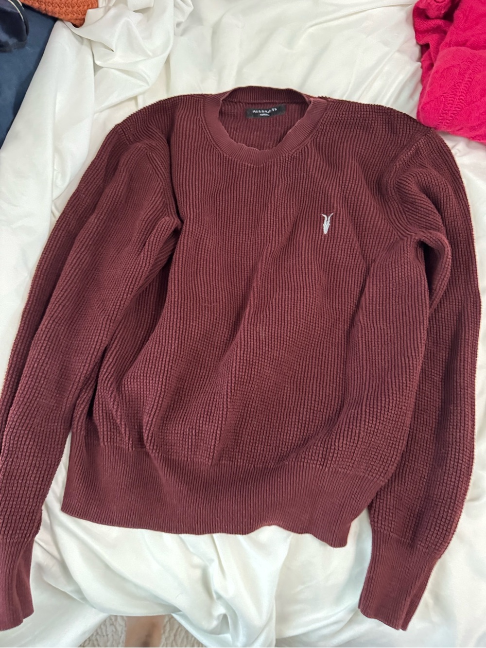 AllSaints Men's Ribbed Crewneck Sweater in Burgundy